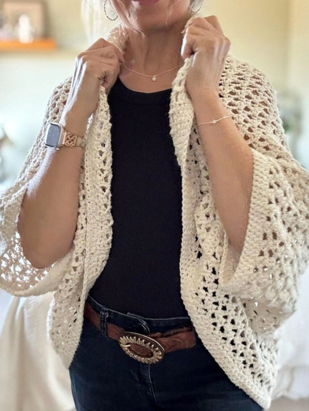 Light Beige Crochet Open-Front Women's Sweater